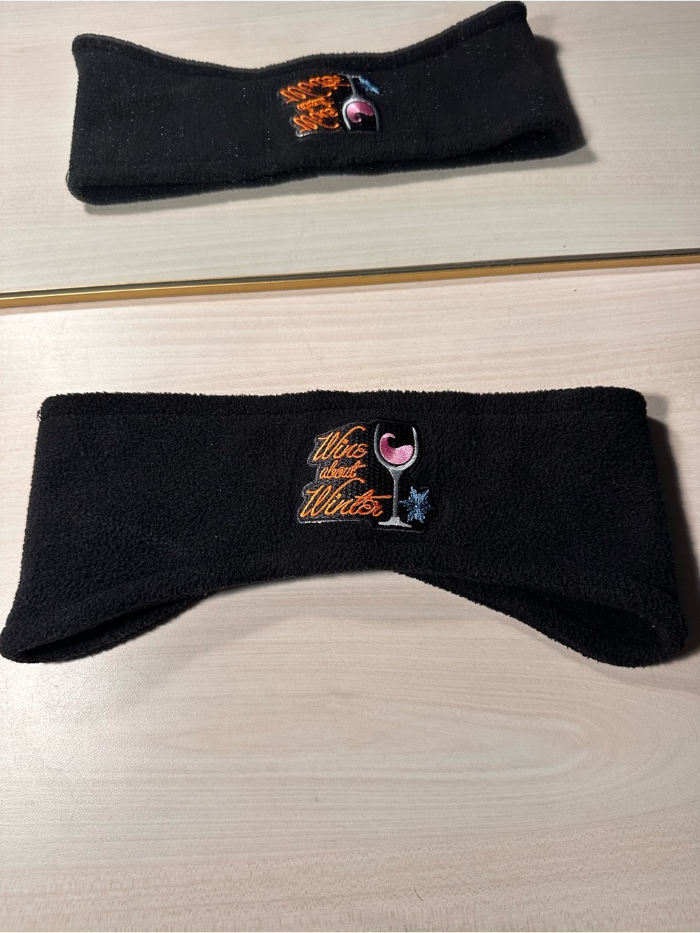 Black Fleece Headband with “Wine About Winter” Glass Embroidery